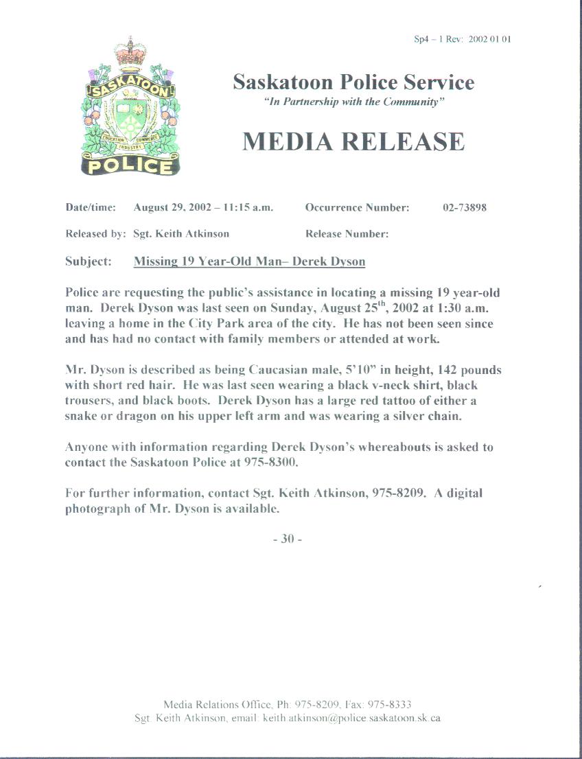 Police Media Release August 29, 2002